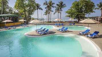 2 outdoor pools, pool umbrellas, pool loungers