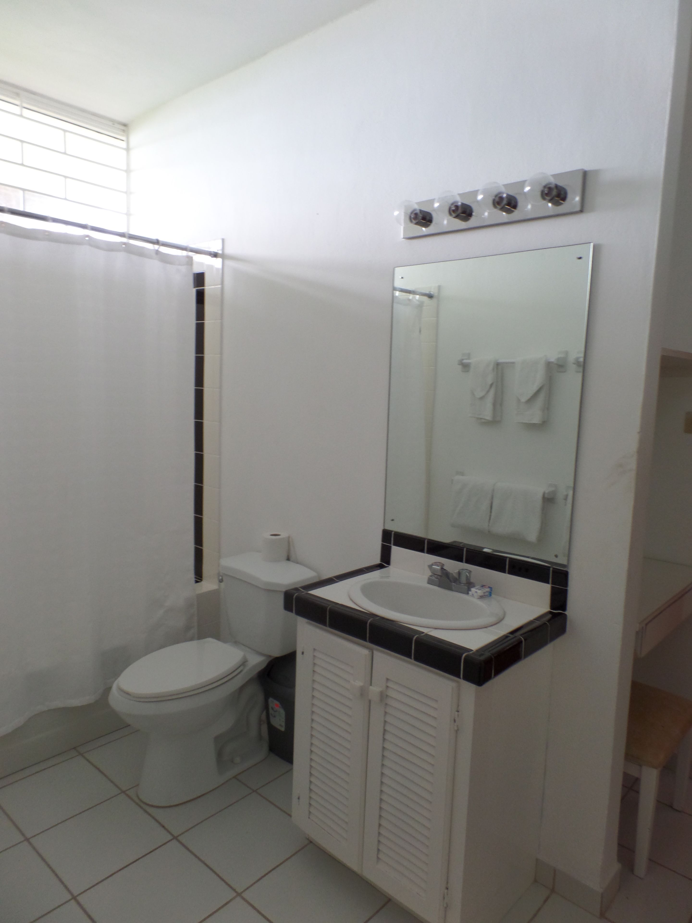 A bathroom with a toilet, sink, mirror, and shower curtain.