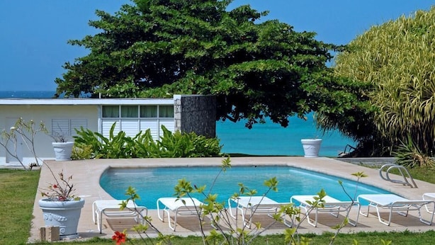 A pool area with white lounge chairs, a stone wall, and a large tree providing shade. - Miramar Villa (Ocho Rios)