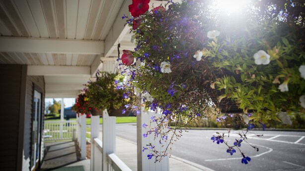 Eine überdachte Veranda mit Blumenkörben, die rote, weiße und blaue Blumen enthalten.