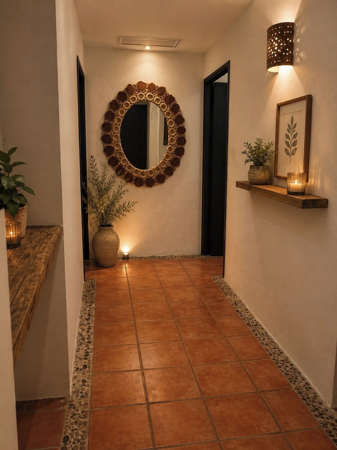 A hallway with a decorative mirror, a potted plant, a vase, and a shelf with a candle and a framed leaf.