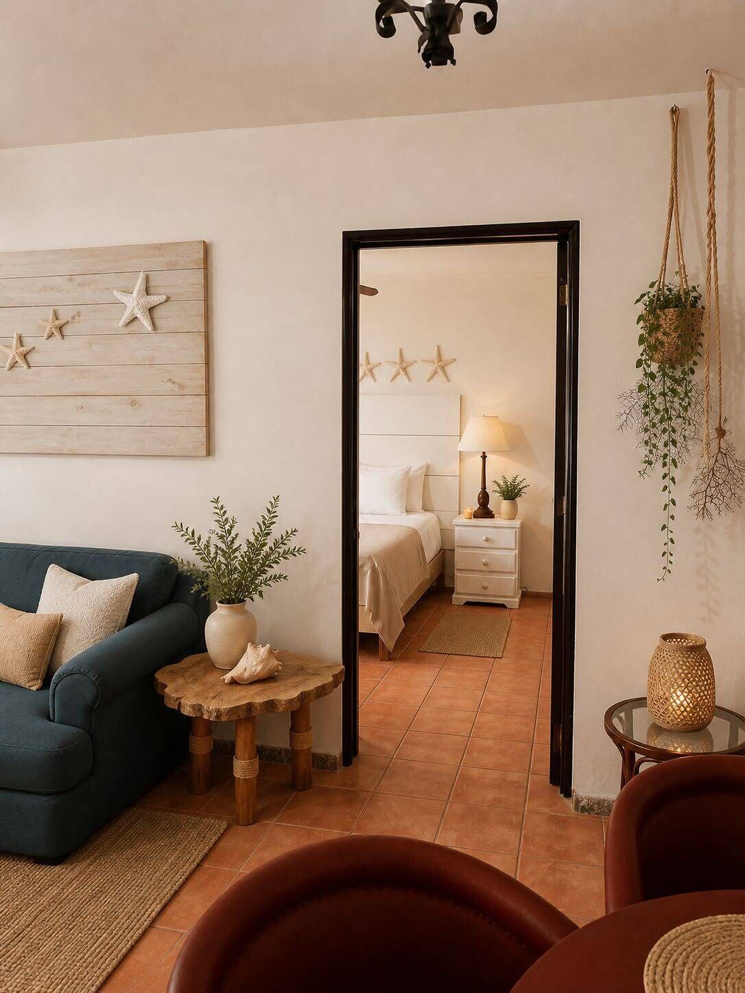 A room with a dark green sofa, a small wooden table with a plant, and a bed with a white headboard.