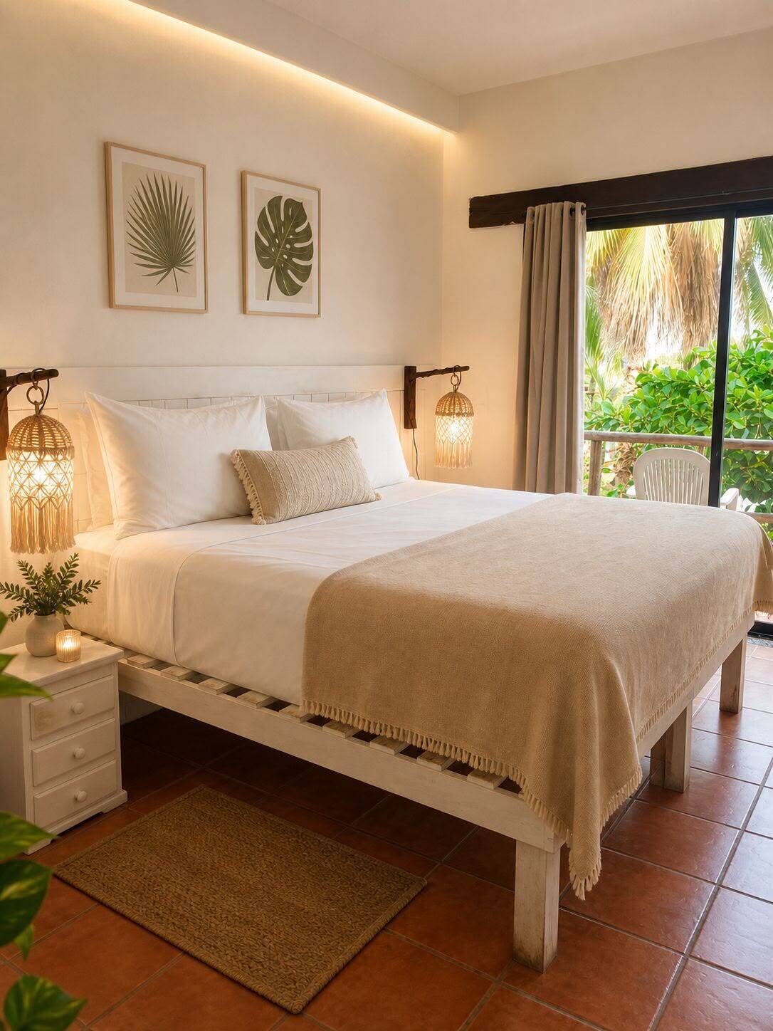 Un dormitorio con cama, lámparas de noche, mesita de noche, ventana con cortinas y cuadros decorativos en la pared.