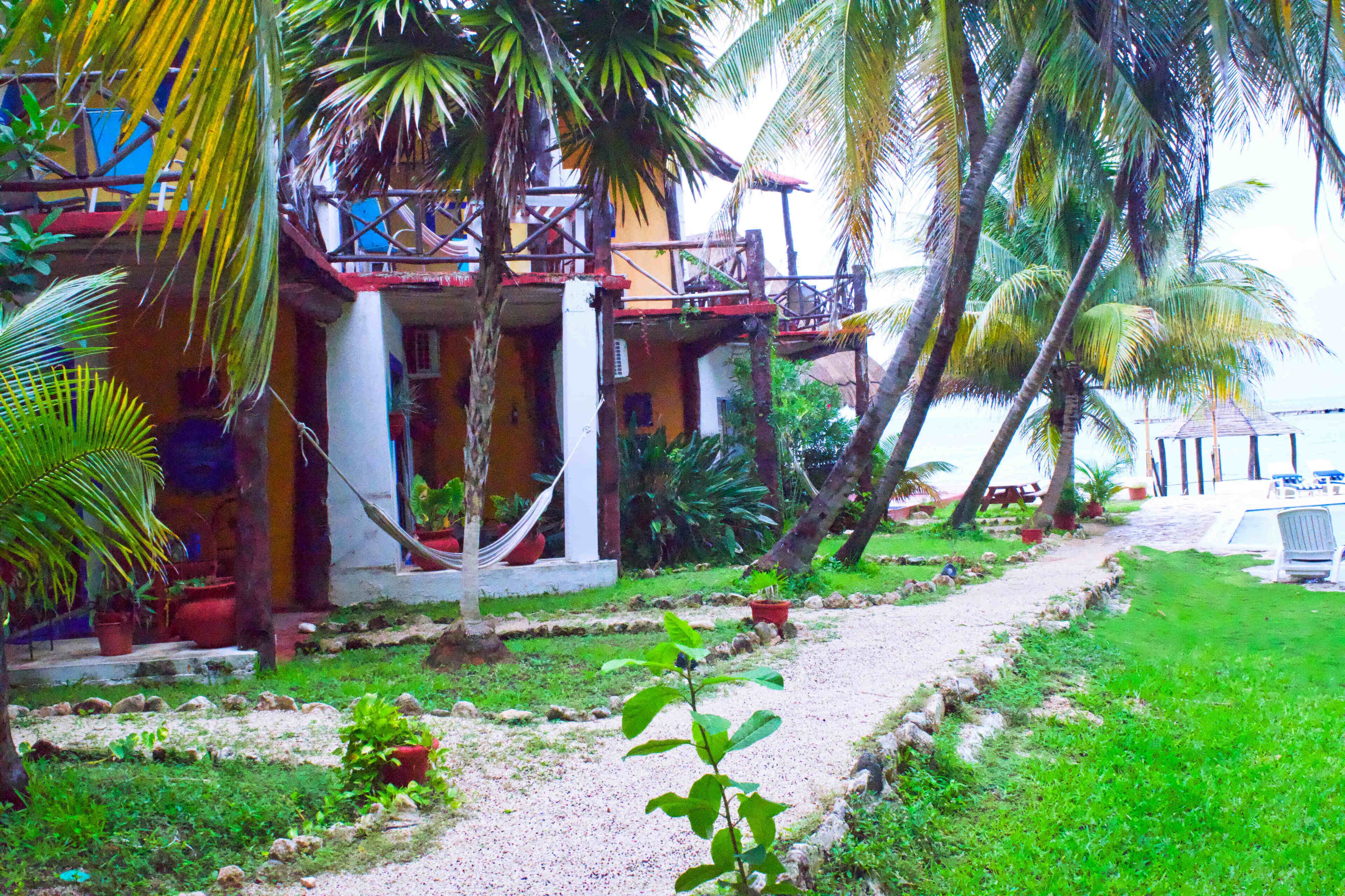 Een tropisch resort met zwembad, palmbomen en een hangmat.