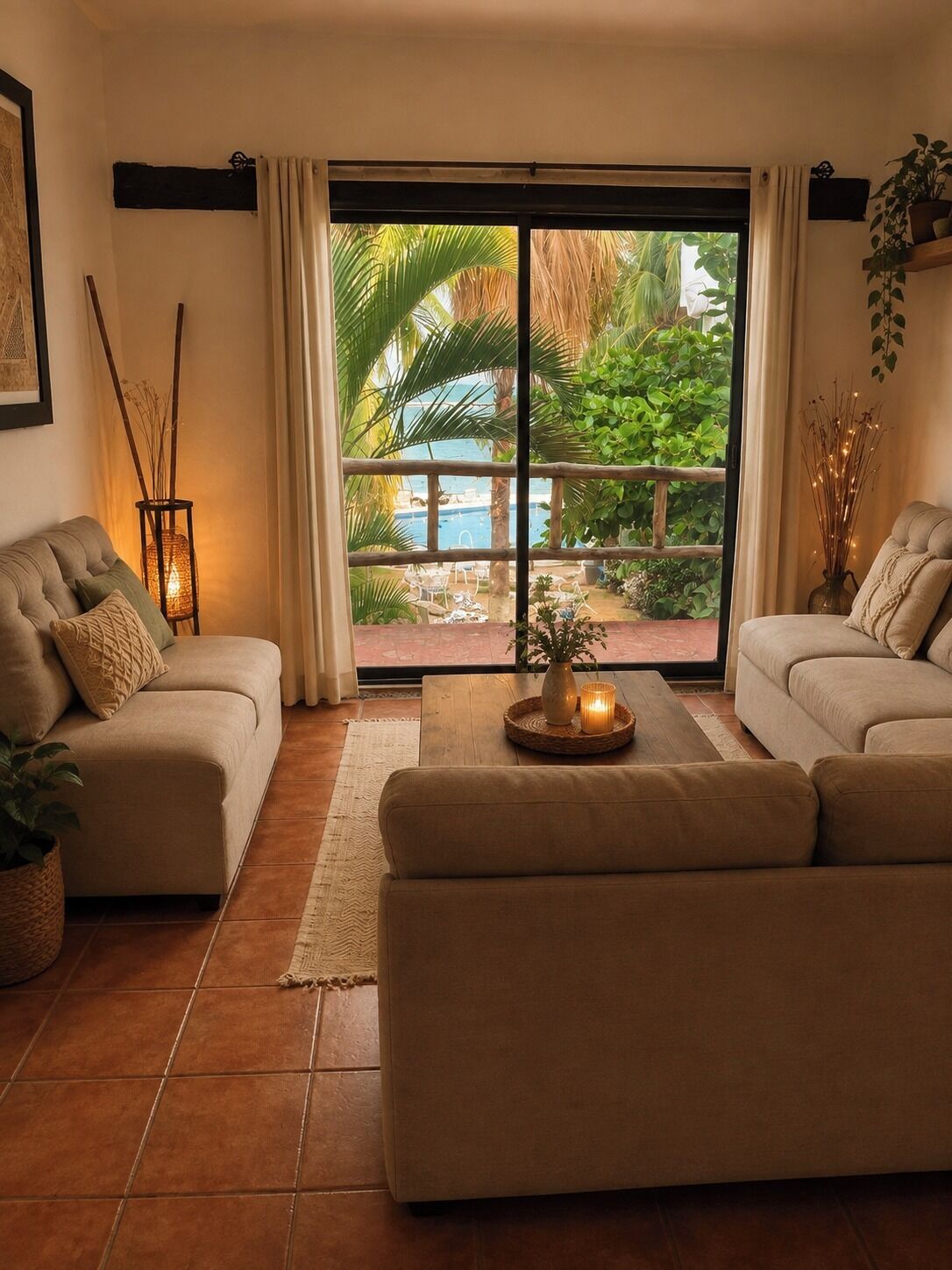 Una sala de estar con dos sofás, una mesa de centro y vistas a una piscina y áreas verdes.