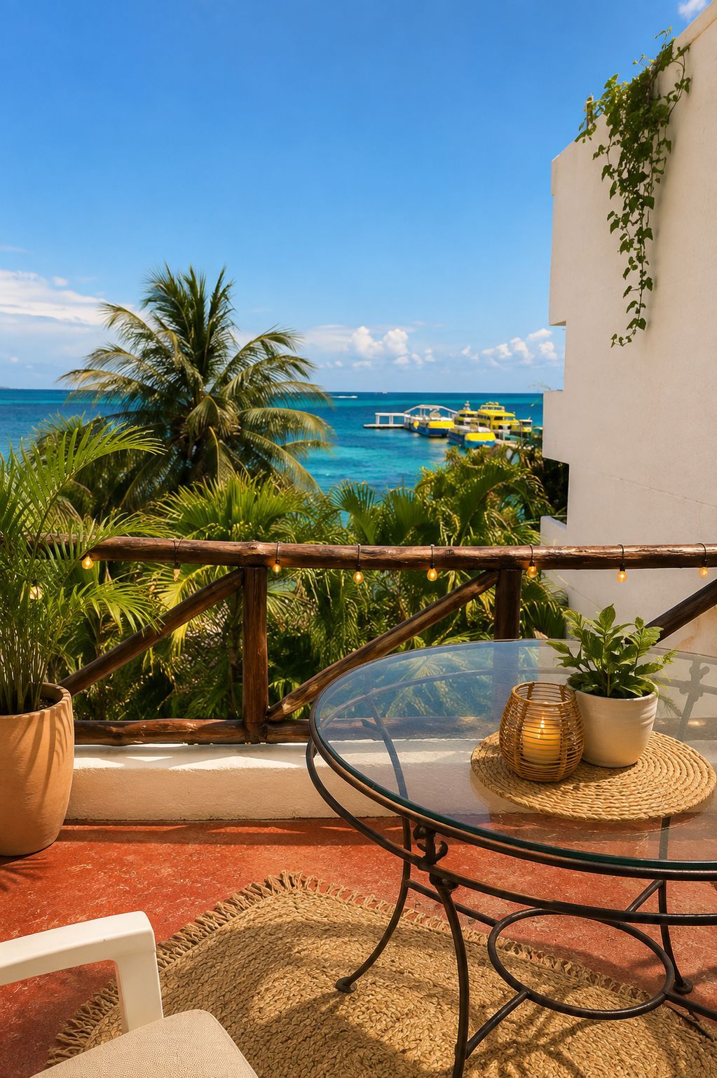 A glass table with a woven placemat, a wicker basket, and a potted plant on a balcony overlooking a beach with palm trees and a clear blue sky.