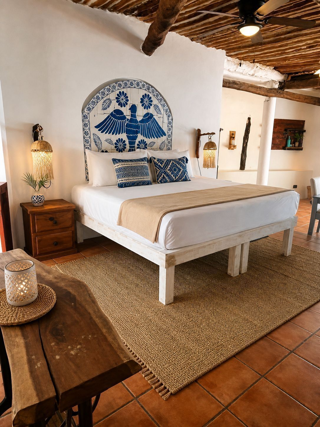 A bedroom with a bed, bedside tables, a nightstand, a woven rug, and a wooden bench.