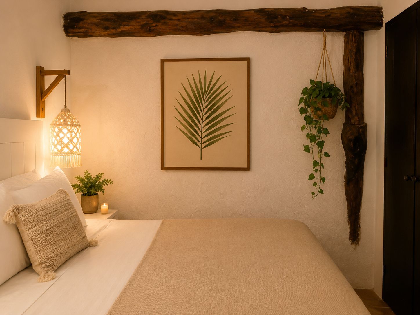 Ein Schlafzimmer mit einem Bett, einer hängenden Pflanze, einer gerahmten Blattform-Kunst und einer wandmontierten Lampe.