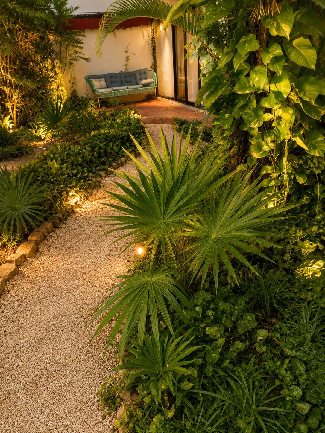 A garden pathway with a bench and lush greenery.