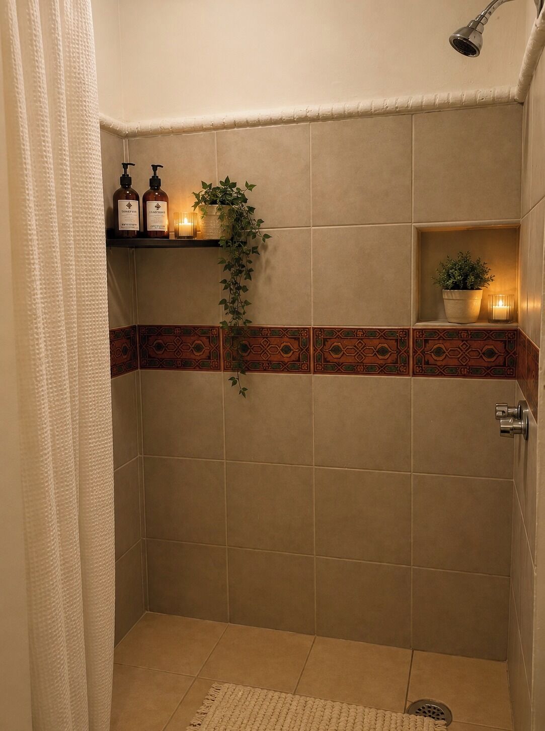 A shower area with beige tiles, a showerhead, a shelf with toiletries, a potted plant, and a decorative tile border.