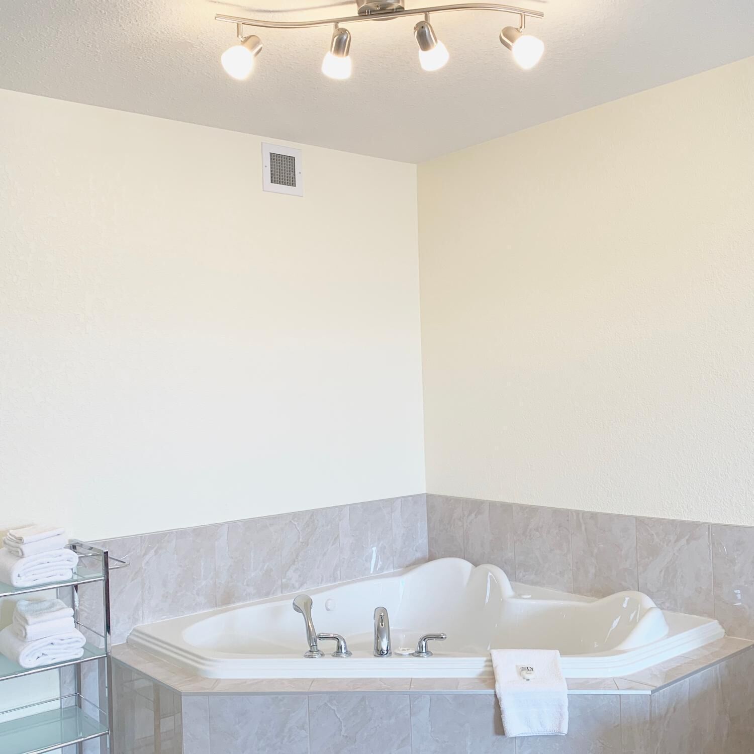 combined shower/bathtub, free toiletries, hair dryer, towels