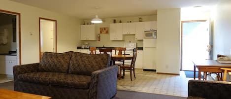 A compact living space with a sofa, a dining table, and a kitchenette in the background.