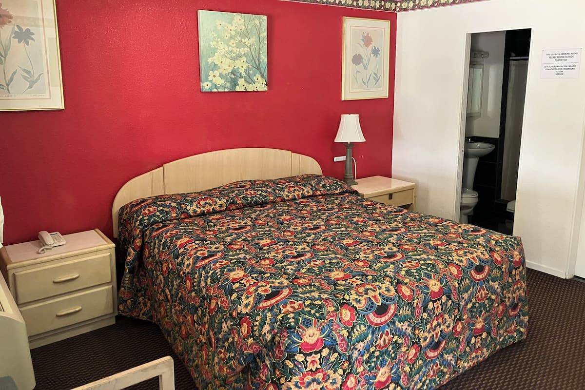 A hotel room with a red wall, floral artwork, a bed with a patterned bedspread, a bedside table with a lamp, and a phone.
