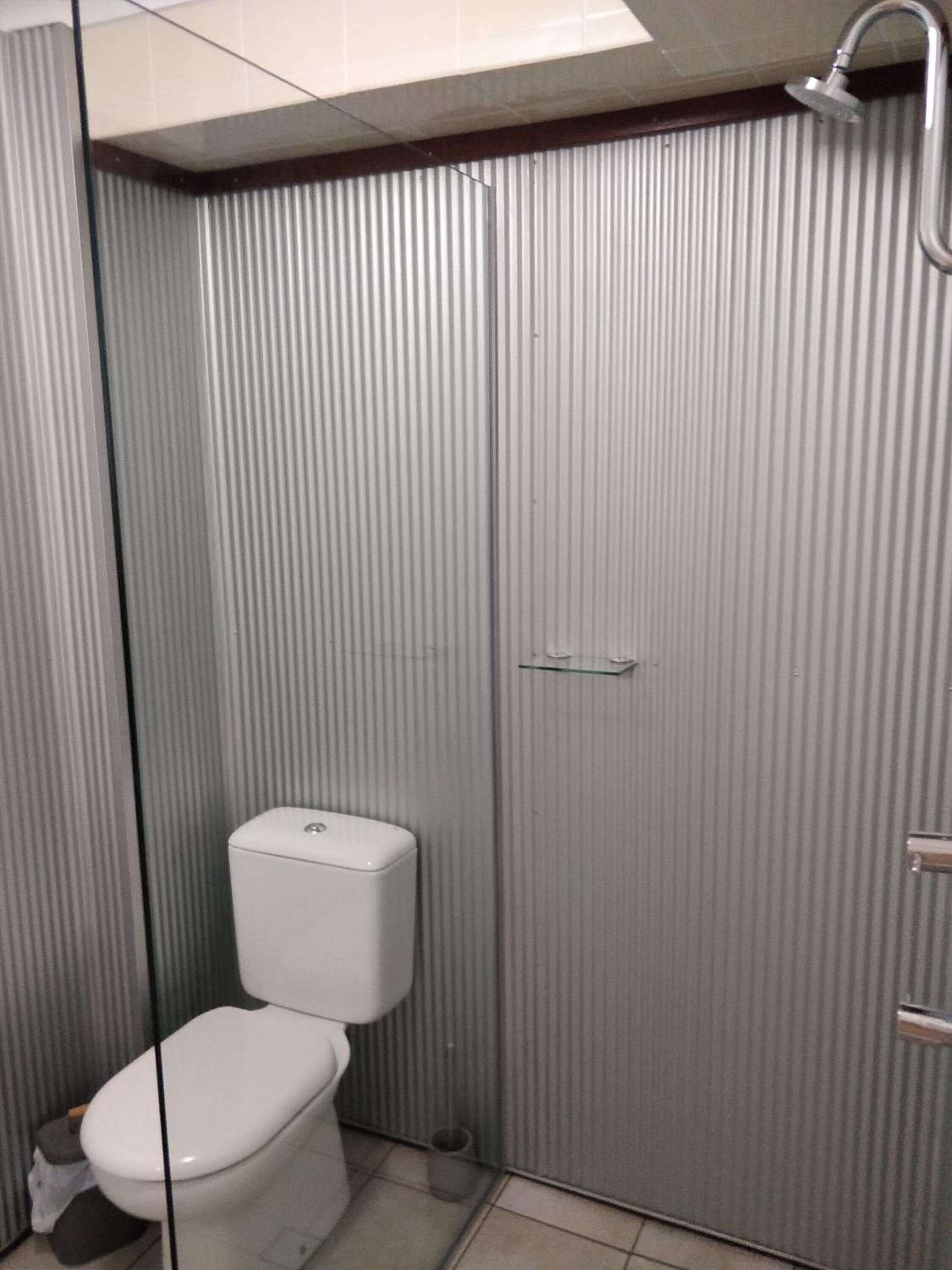 Un baño pequeño con inodoro, ducha y un armario de almacenamiento.