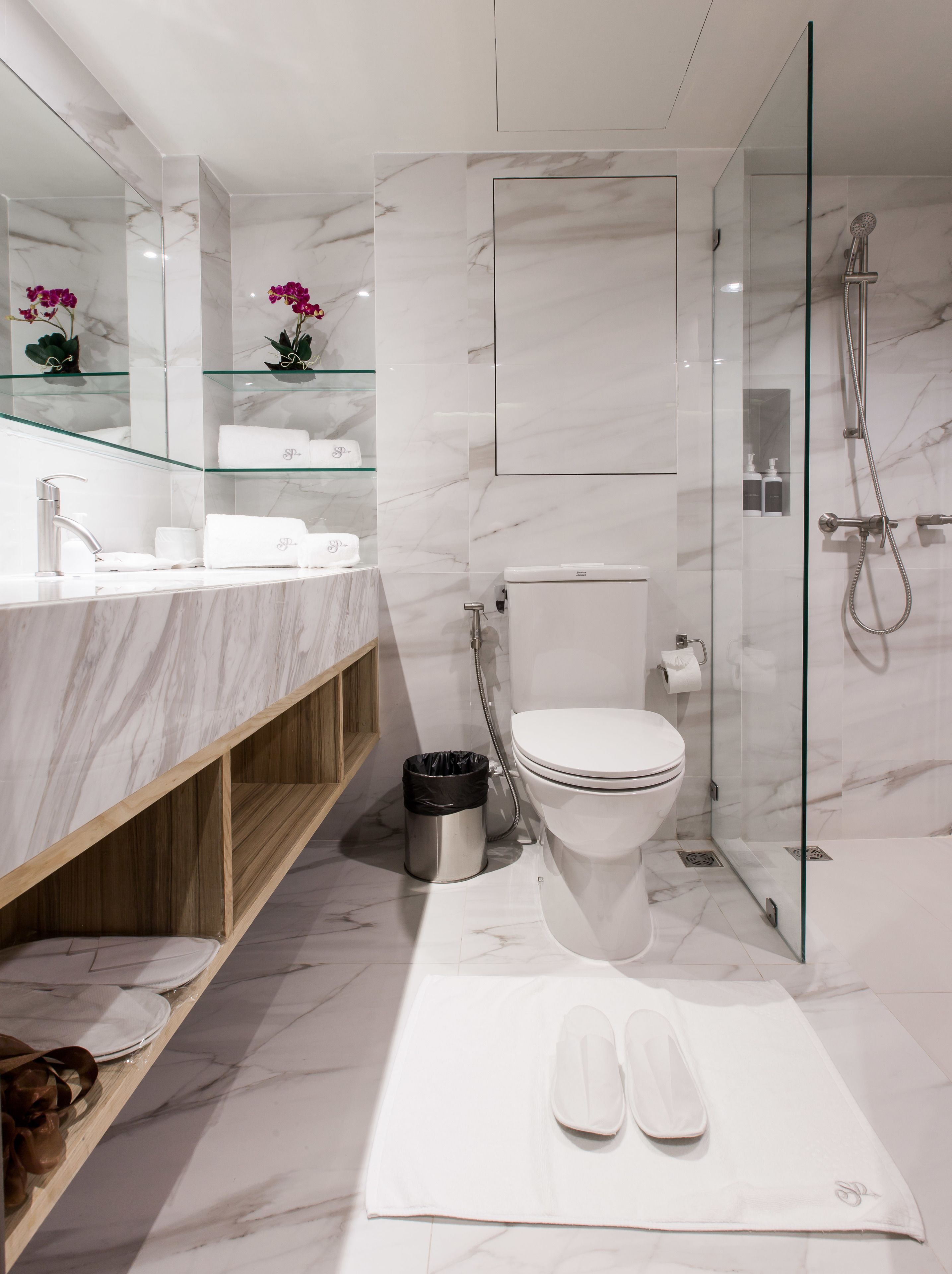 deluxe room | bathroom | shower, free toiletries, hair dryer, towels