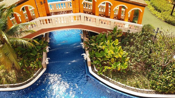 Vue aérienne d’un espace piscine avec un pont, entouré d’une végétation luxuriante et d’une piscine à l’eau d’un bleu limpide.