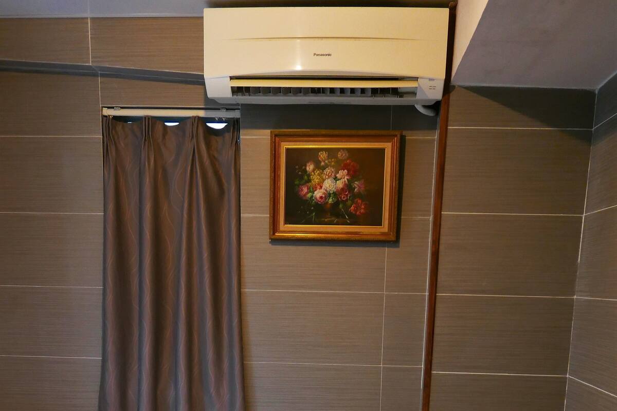 A hotel room with two single beds, a shower curtain, an air conditioning unit, and a framed floral painting on the wall.