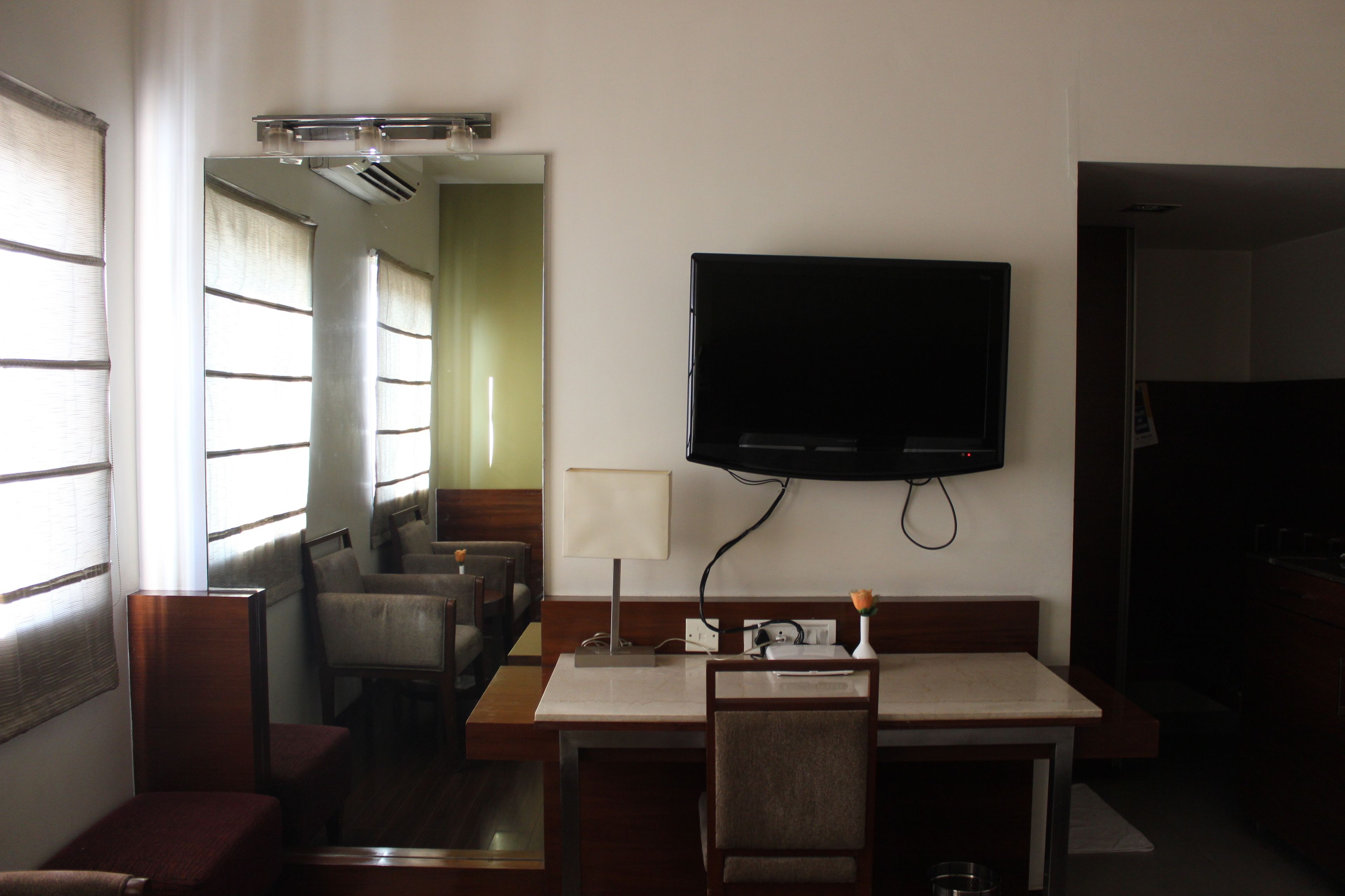 Desk, laptop workspace, blackout curtains, soundproofing