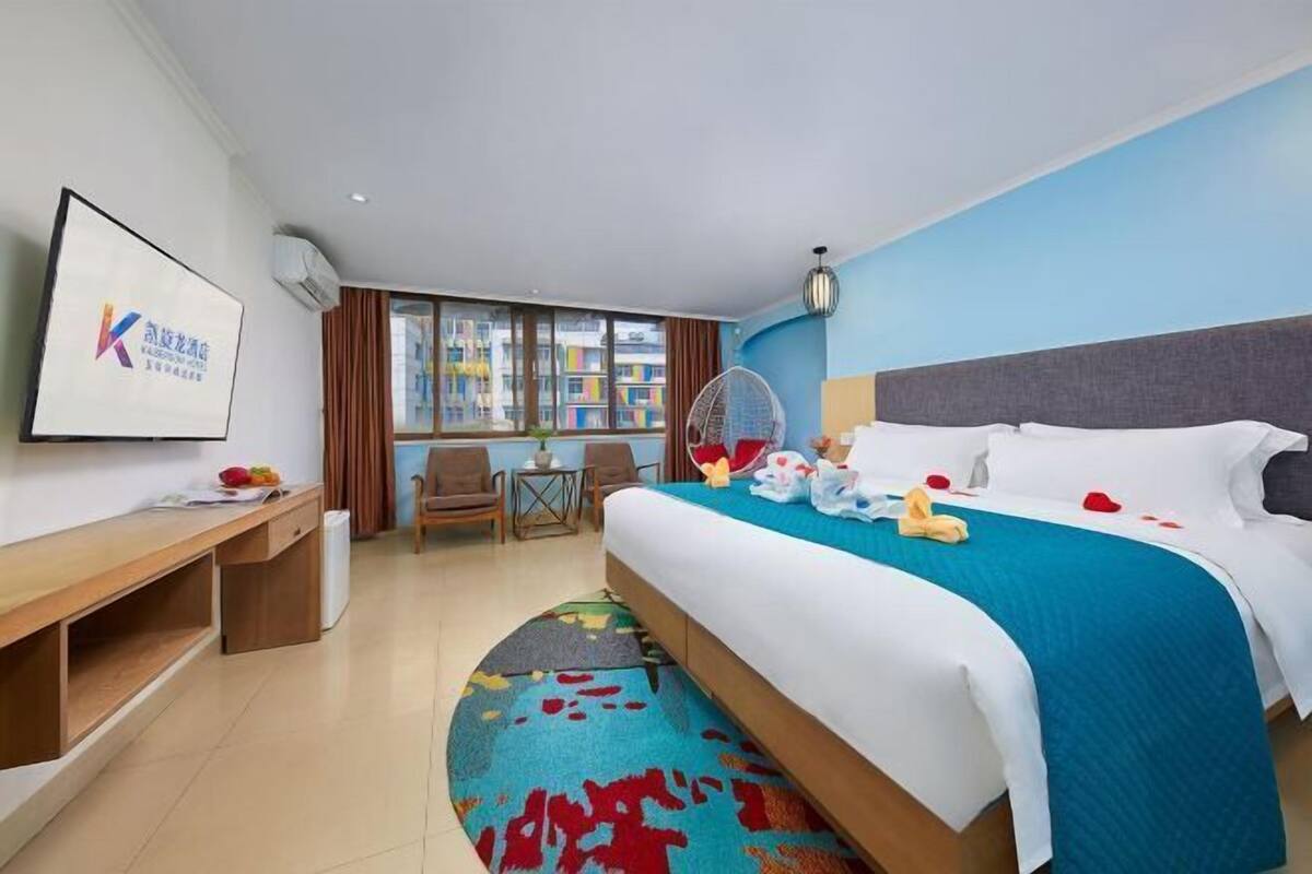 Desk, blackout curtains, iron/ironing board