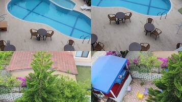 Outdoor pool, pool umbrellas, sun loungers