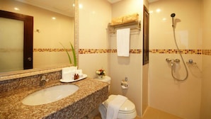 A bathroom with a granite sink, a toilet, a shower, and a mirror.