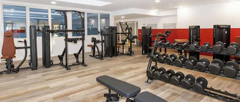 Une salle de sport équipée de divers appareils d’exercice, notamment des machines de musculation et des haltères, ainsi qu’un banc.