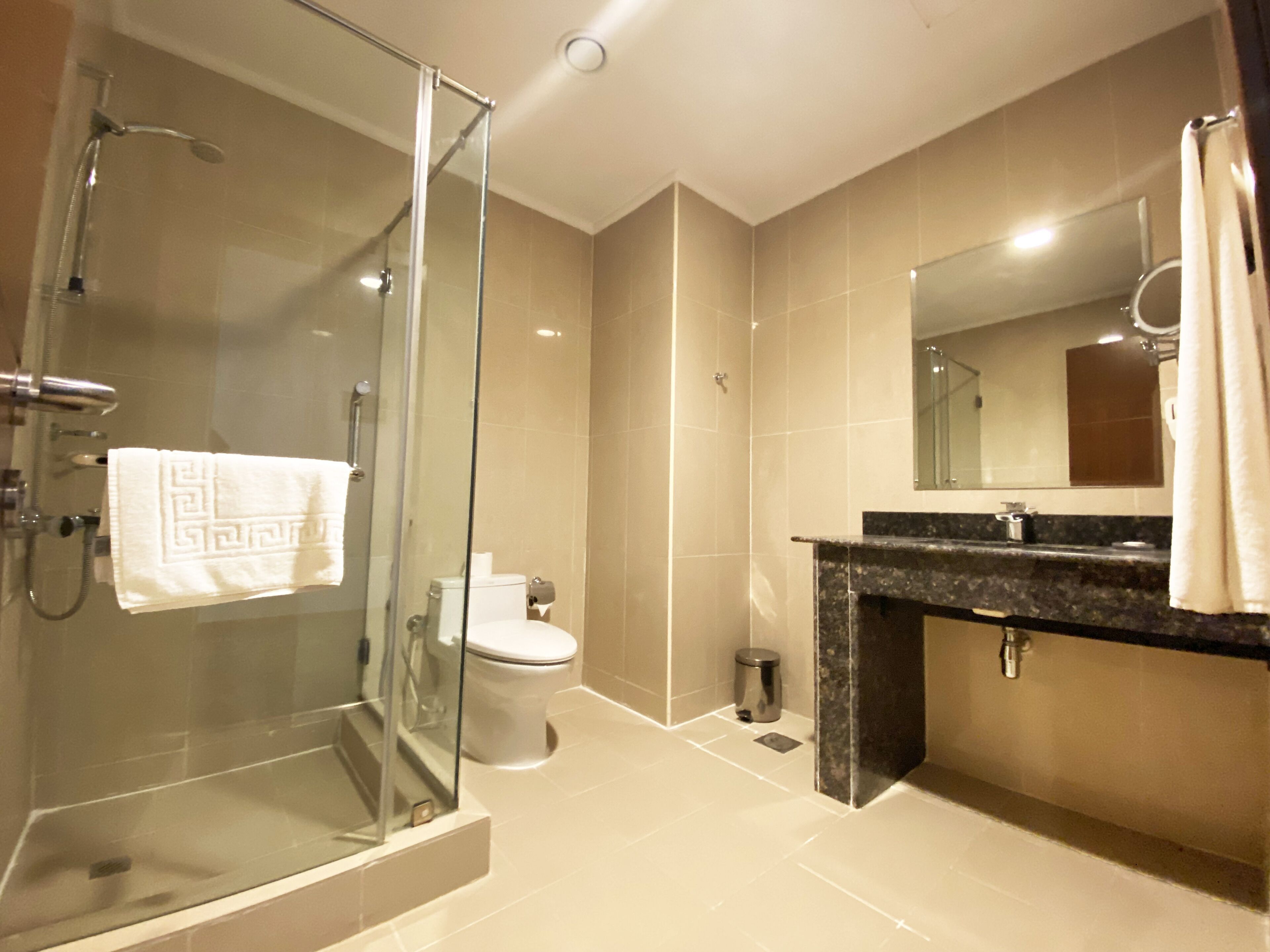 deluxe room | bathroom | shower, free toiletries, hair dryer, dressing gowns