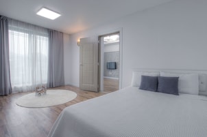 Un dormitorio con cama, un tapete redondo, una puerta y un televisor al fondo.