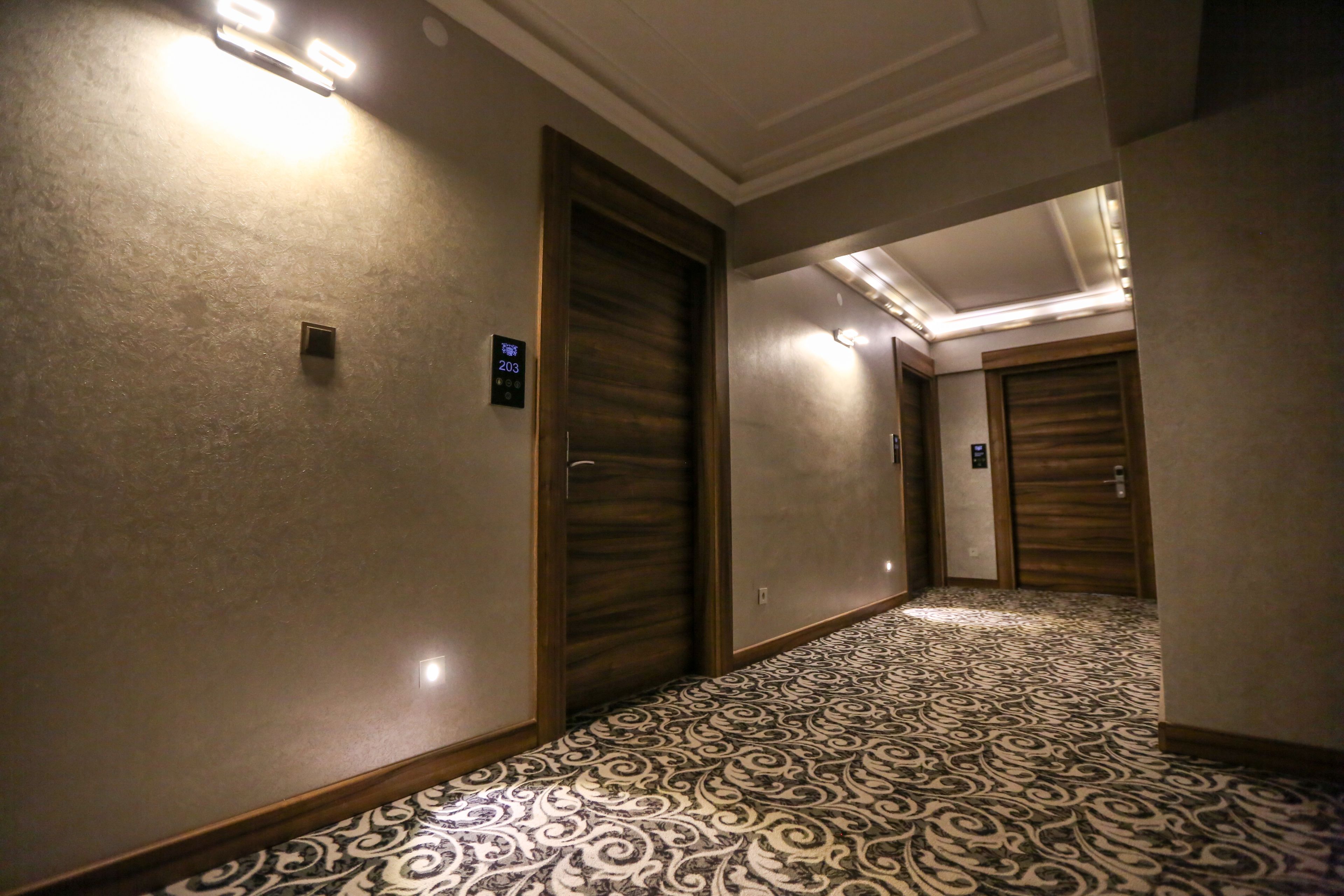 A hallway with patterned carpet, wooden doors, and a light fixture on the ceiling.