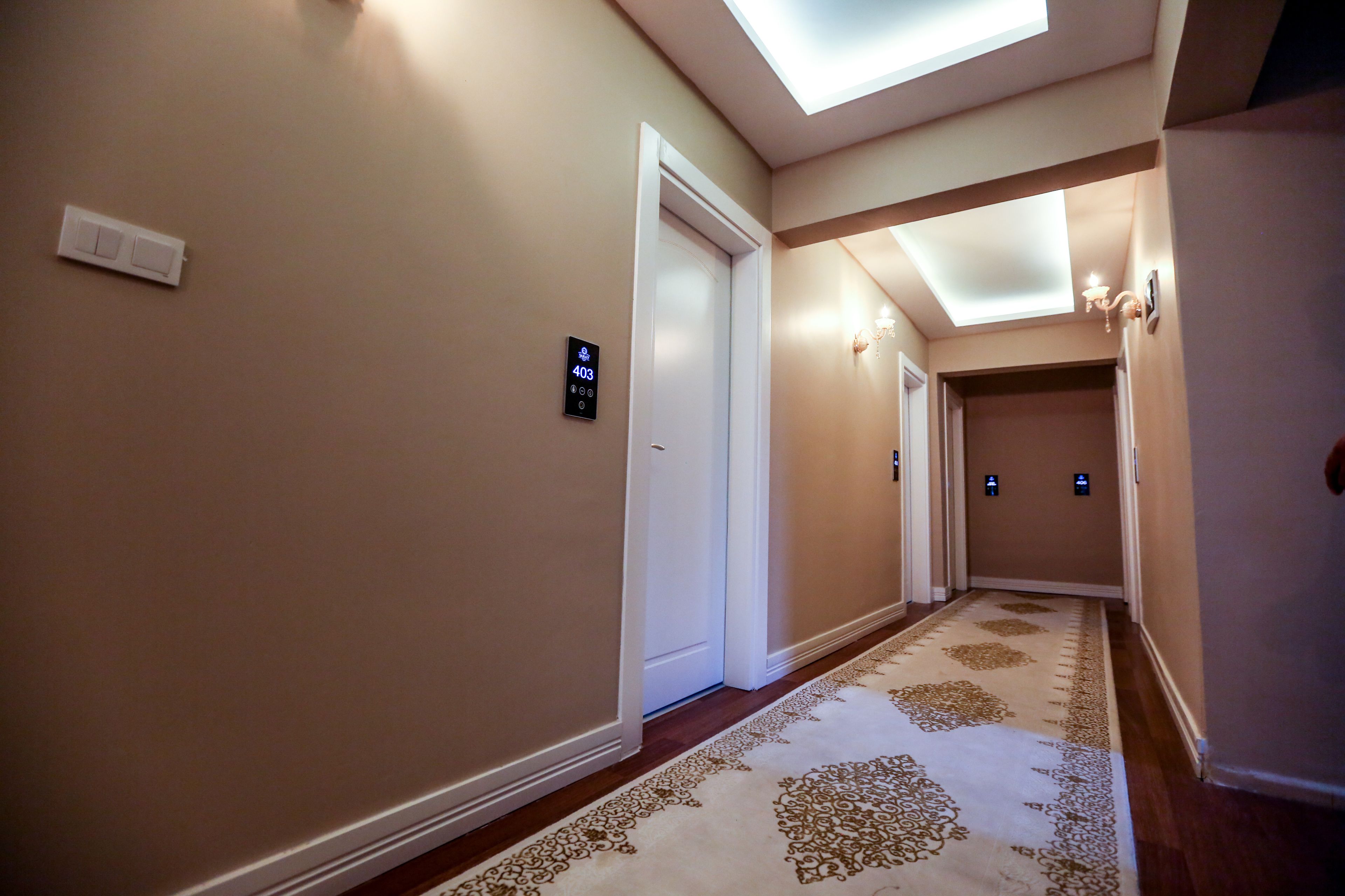 A hallway with a patterned carpet, a ceiling light, and a door with a digital display.