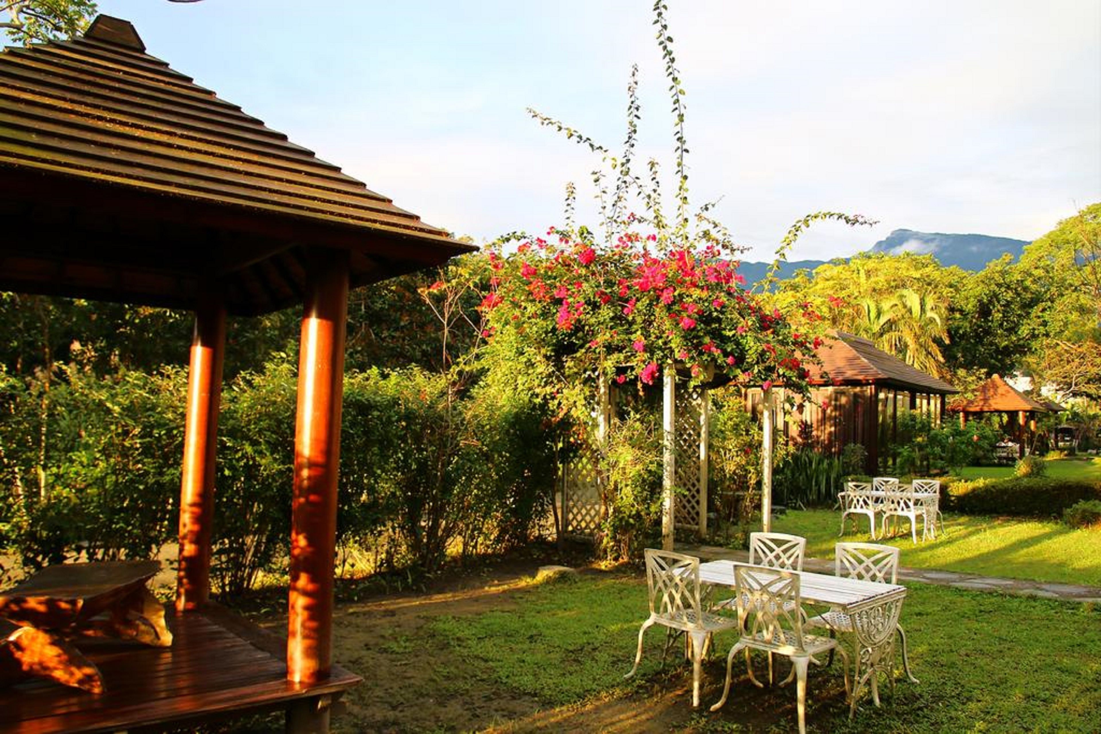 Un jardín al aire libre con un pérgola de madera, sillas de metal blanco y una mesa.