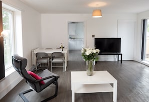 Apartamento Premium, 2 habitaciones, no fumadores | Zona de estar | Una televisión de pantalla plana, un reproductor de DVD