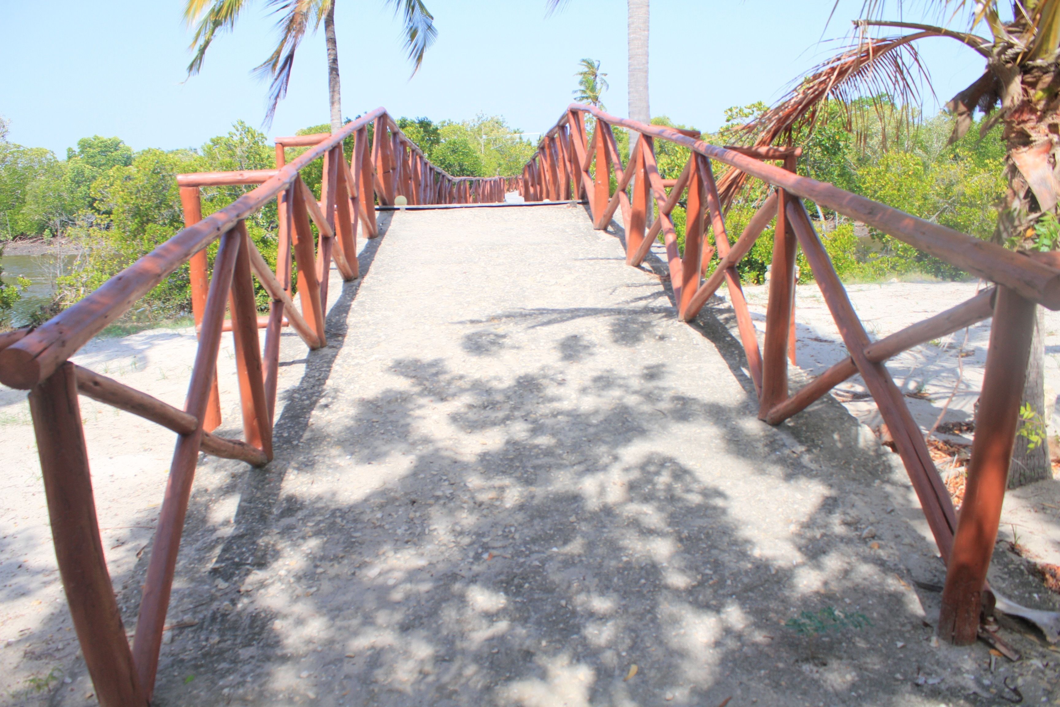 A pedestrian bridge with a metal railing, leading to a sandy area with palm trees.