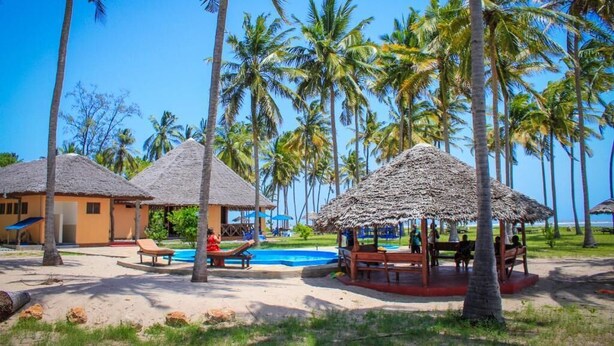 Ein Resort mit strohgedeckten Hütten, einem Swimmingpool und Palmen.