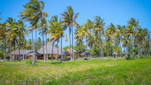 Ein tropisches Resort mit strohgedeckten Hütten, Palmen und einer Rasenfläche.
