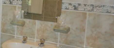 Un bany amb un lavabo de pedestal, un mirall a la part superior i un vàter.