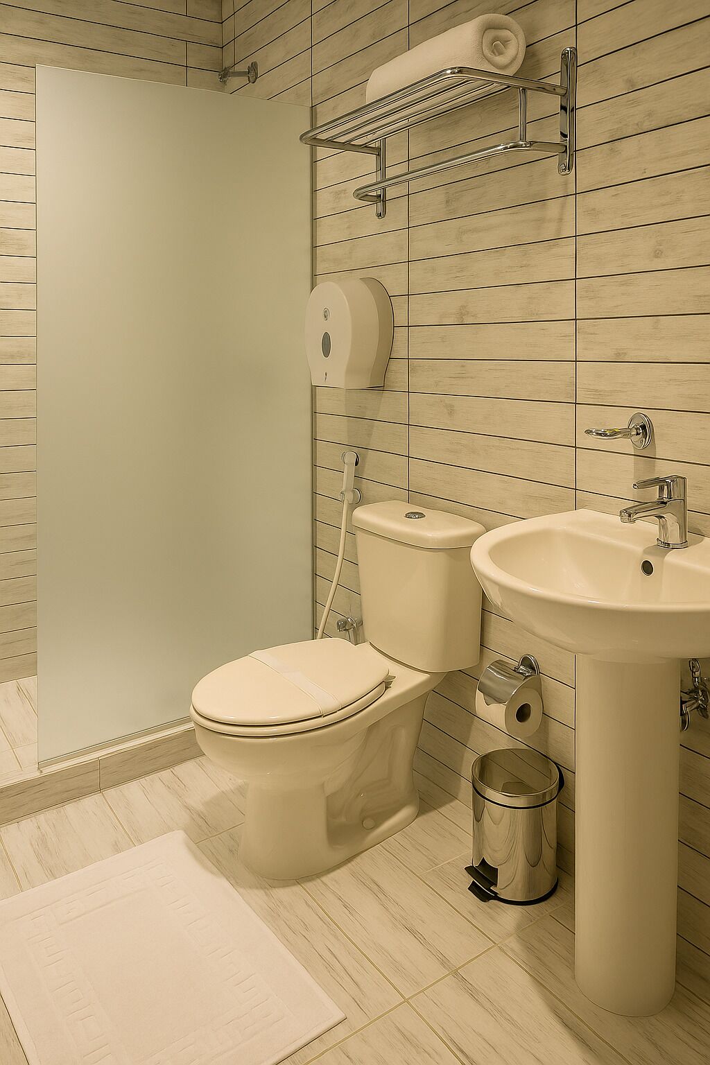 Shower, rainfall showerhead, eco-friendly toiletries, hair dryer