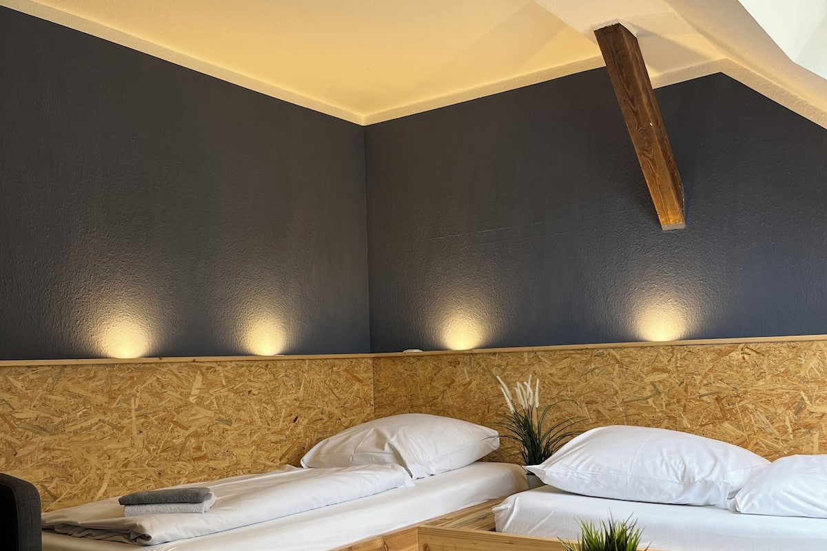 A modern bedroom with a loft-style bed, wooden headboard, and a small table with a plant.