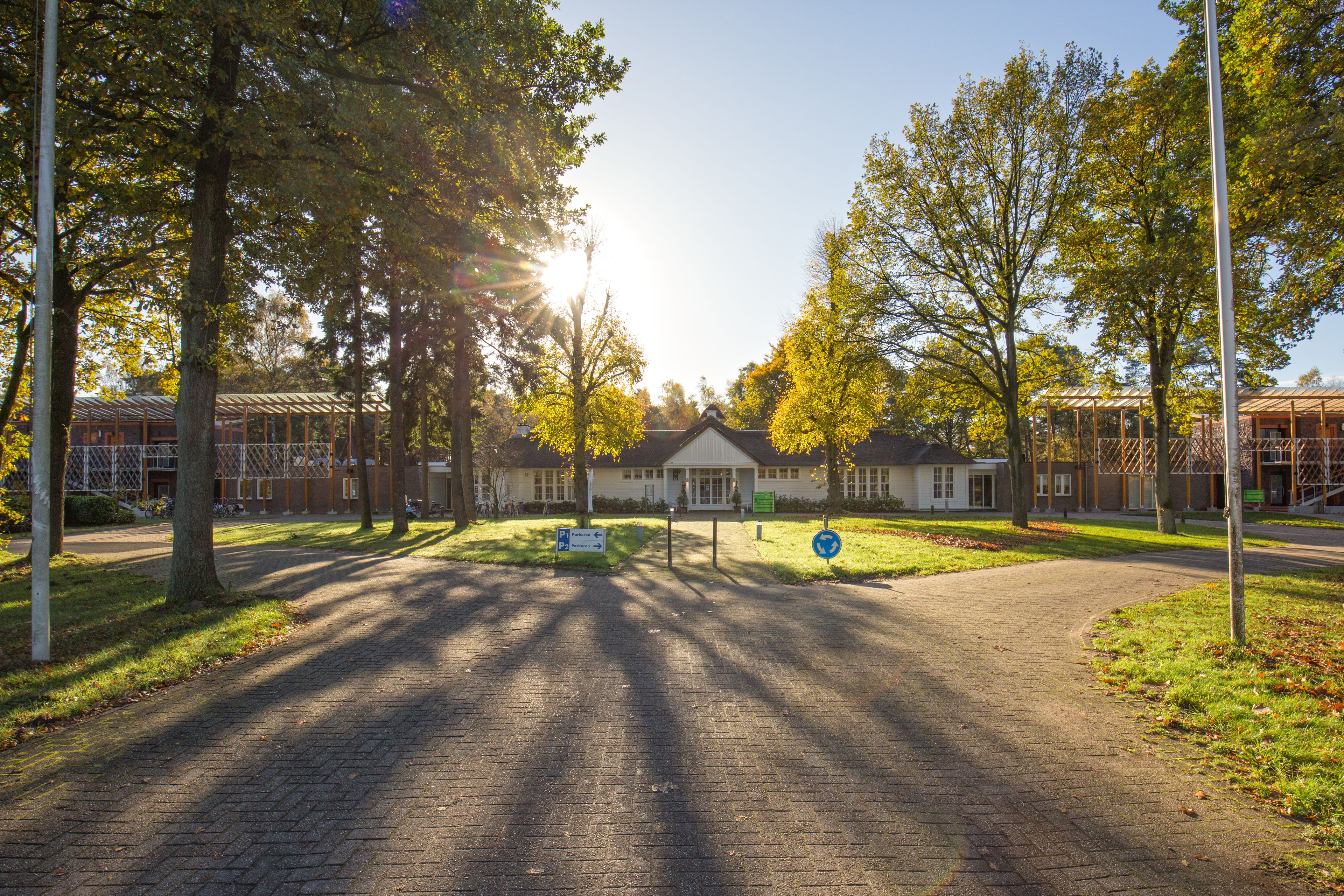 A paved pathway leading to a building with a covered entrance, surrounded by trees and a clear sky.