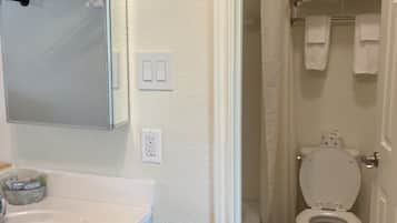 Un baño con lavamanos blanco, un espejo, inodoro y cortina de ducha.