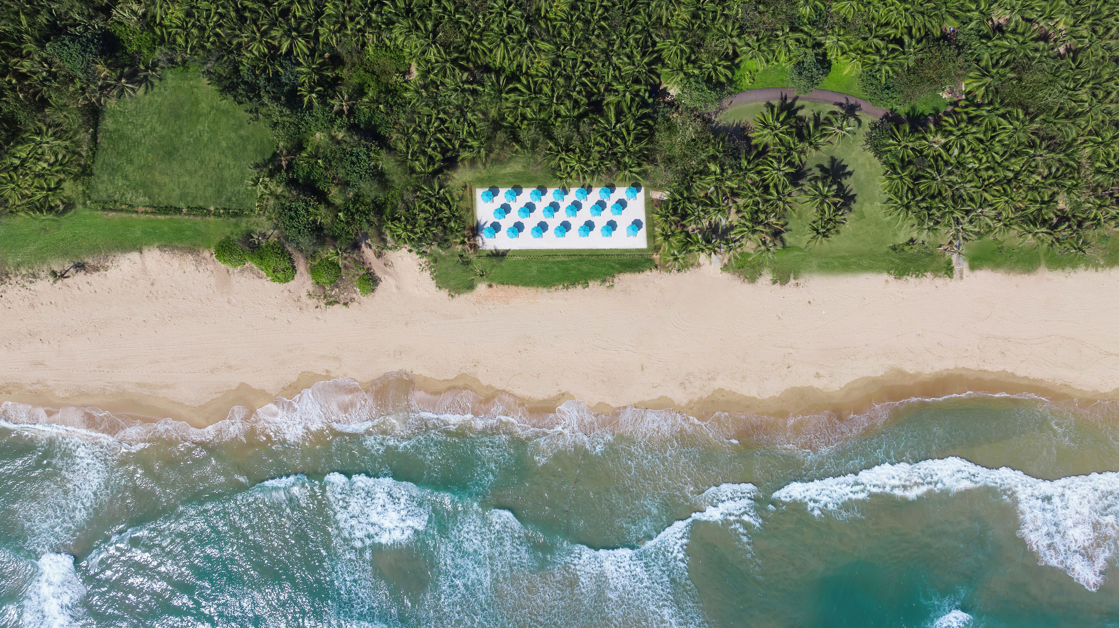 An aerial view of a beach with a rectangular structure with blue and white patterns, surrounded by dense greenery and palm trees.