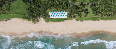 An aerial view of a beach with a rectangular structure with blue and white patterns, surrounded by dense greenery and palm trees.