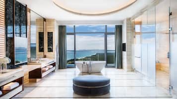 Separate tub and shower, hair dryer, bathrobes, slippers