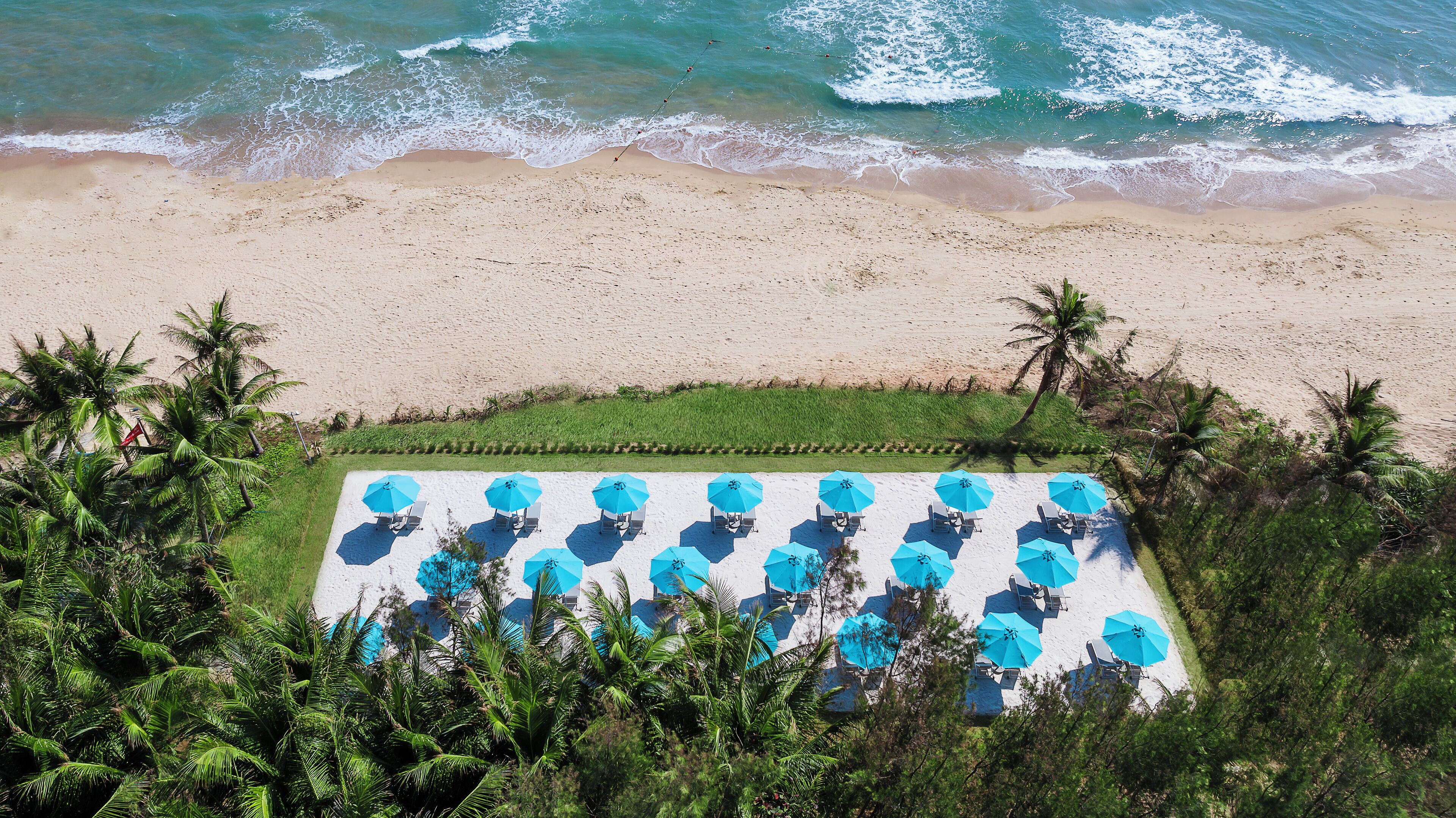 Vista de la playa con una sección cubierta por una lona blanca, rodeada de palmeras y con varios paraguas azules y sillones de playa.