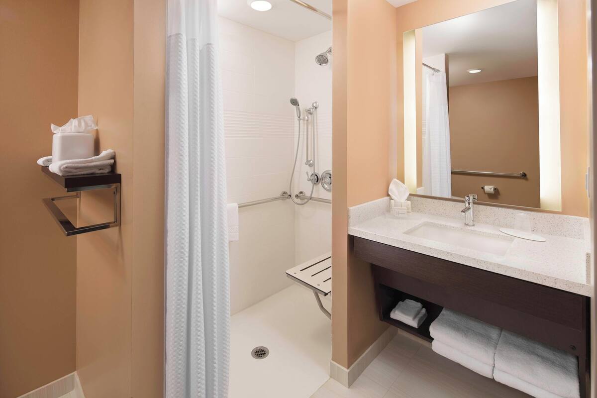 A modern bathroom with a shower, sink, and mirror.
