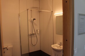 A bathroom with a shower, toilet, sink, and a mirror.