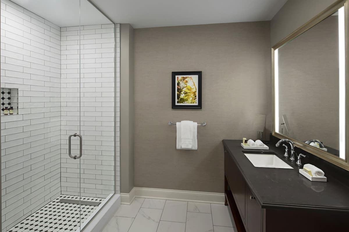 A modern bathroom with a shower, two sinks, a large mirror, and a framed picture on the wall.