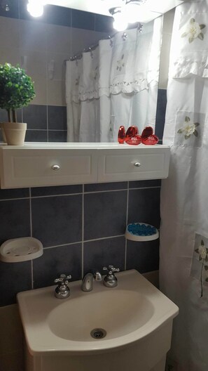 A bathroom with a sink, two faucets, a mirror, a potted plant, and a shower curtain with floral designs.
