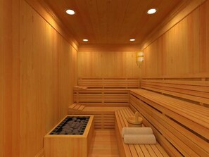 Puisesta laudelavasta ja kivialtaasta koostuva sauna.