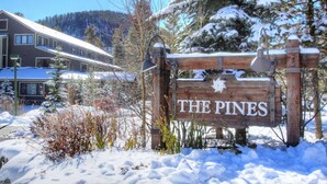 Un letrero de madera con la inscripción 'THE PINES', rodeado de nieve y árboles.